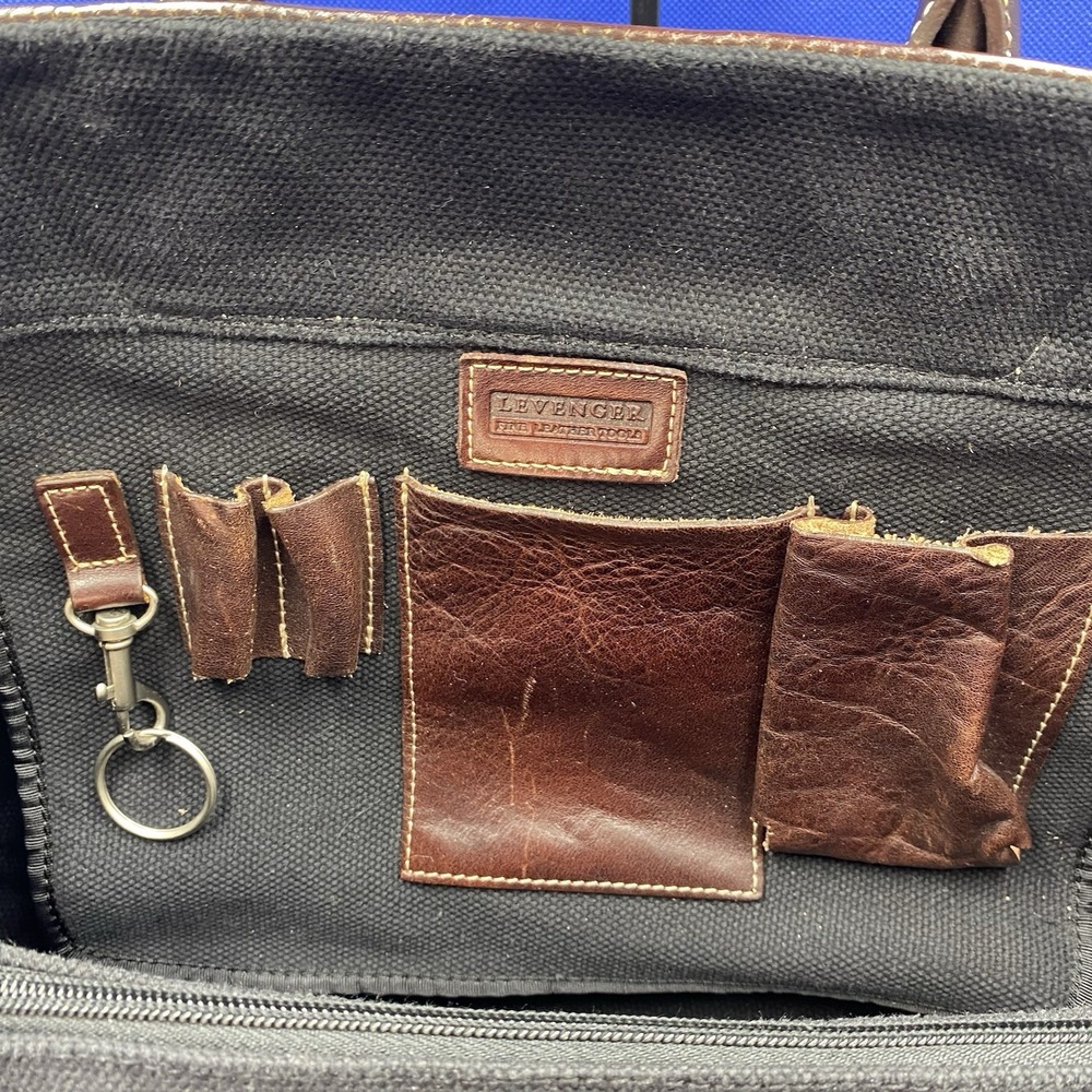 LEVENGER Canvas LEATHER Trim TOTE BAG PURSE BROWN BLACK SHOULDER BAG - Picture 4 of 11